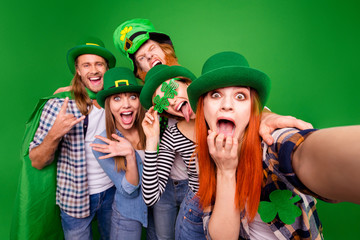 Sticker - Self-portrait of nice childish comic crazy attractive cheerful positive stylish people guys ladies wearing costumes showing tongue out wow reaction isolated over bright vivid shine background