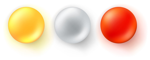 Set of icons of glossy balls. Realistic three-dimensional spheres isolated on white background. Red, yellow and metallic decorative design elements, 3d vector illustration