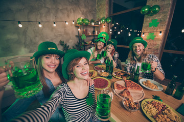 Canvas Print - Self-portrait of nice cool attractive lovely cheerful cheery positive group of people guys gathering having fun clinking jar mug toast congrats in house pub indoors march