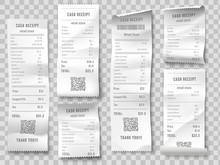Retail Purchase Bill. Supermarket Shopping Receipt, Sum Invoice Check And Total Cost Store Sale Paper Isolated Vector Set