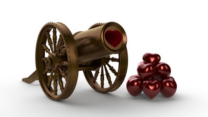Poster - 3D illustration of an old gun with hearts instead of cores. The idea of Valentine's day, Valentine's day, love and fidelity. Image for the holiday. 3D rendering isolated on white background.