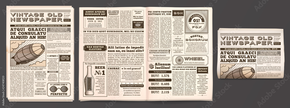 Vintage newspaper mockup. Retro newsprint pages, tabloid magazine and old news isolated 3D vector template - obrazy, fototapety, plakaty 
