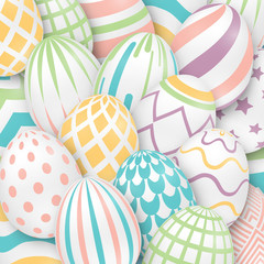 Wall Mural - Easter background with 3d ornate eggs. Illustration in soft colors. Cute easter banner, poster, flyer or greeting card