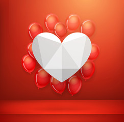 Poster - White heart on a red wall with flying balloons. Valentaines day concept