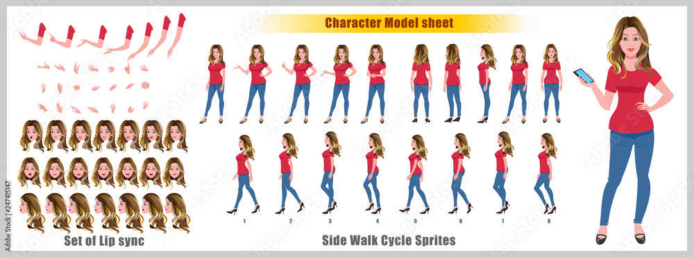 Character Model sheet with walk cycle animation sprites and lip syncing ...