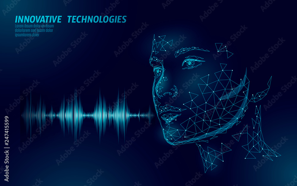 Virtual assistant voice recognition service technology business concept. AI artificial intelligence robot help work support. Chatbot beautiful female face low poly program vector illustration - obrazy, fototapety, plakaty 