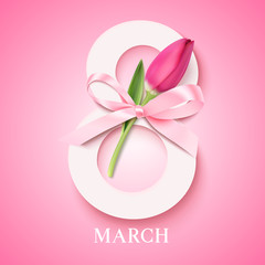 Wall Mural - Happy Women's Day. 8 march concept. Eight with pink tulip and decorative bow. Vector illustration