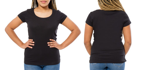 Sticker - Black shirts set. Summer t shirt design and close up of young afro american woman in blank template t-shirt. Mock up. Copy space. front and back view.