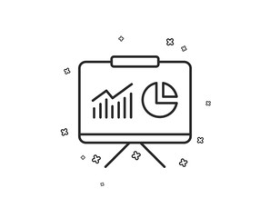 Aufkleber - Presentation board line icon. Report chart or Sales growth sign. Analysis and Statistics data symbol. Geometric shapes. Random cross elements. Linear Presentation icon design. Vector