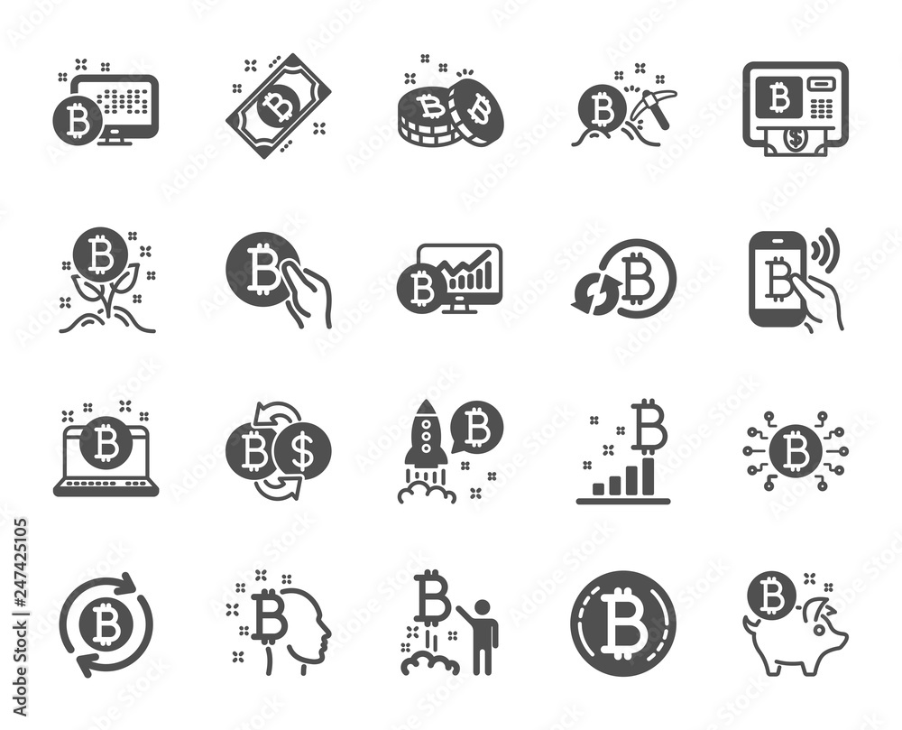 Vector de Stock Cryptocurrency icons. Set of Blockchain, Crypto ICO start  up and Bitcoin icons. Mining, Cryptocurrency exchange, gold pickaxe.  Bitcoin ATM, crypto coins, financial ico markets, blockchain. Vector |  Adobe Stock