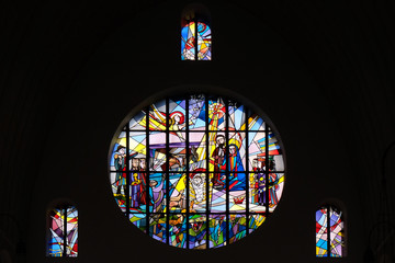 Nativity Scene, stained glass window in the Saint Lawrence church in Kleinostheim, Germany