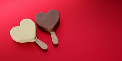 Valentine's Day, two chocolat whit milk and white ice creams with a heart shape (red background)