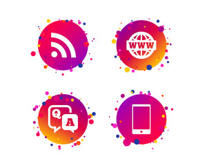 Poster - Question answer icon.  Smartphone and Q&A chat speech bubble symbols. RSS feed and internet globe signs. Communication Gradient circle buttons with icons. Random dots design. Vector