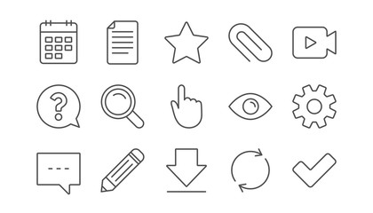 Poster - Document, Calendar and Question mark line icons. Search, Video camera and Check mark. Linear icon set.  Vector