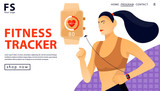 Fototapeta Pokój dzieciecy - Sport concept with fitness tracker. Woman running with smart watch. Landing page template for a store. Vector flat illustration.