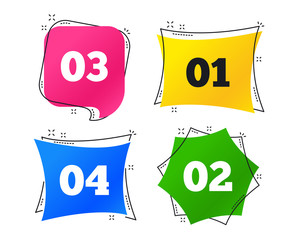 Poster - Step one, two, three and four icons. Sequence of options symbols. Loading process signs. Geometric colorful tags. Banners with flat icons. Trendy design. Vector