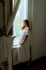 Wall Mural - Young pregnant woman standing by the window