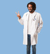© Asier - Handsome african american medical doctor fun and happy, positive and natural, makes a gesture of victory, peace concept