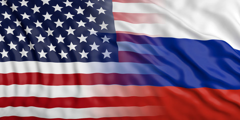 Poster - USA and Russia relations. US of America and Russia flags background. 3d illustration