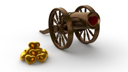Poster - 3D illustration of an old gun with hearts instead of cores. The idea of Valentine's day, Valentine's day, love and fidelity. Image for the holiday. 3D rendering isolated on white background.