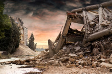 View On A Collapsed Concrete Industrial Building With Dark Red Dramatic Sky Above. Damaged House And Debris