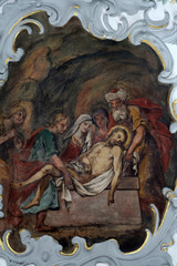  Jesus is laid in the tomb, Way of the Cross, fresco on the ceiling of the Church of Our Lady of Sorrows in Rosenberg, Germany