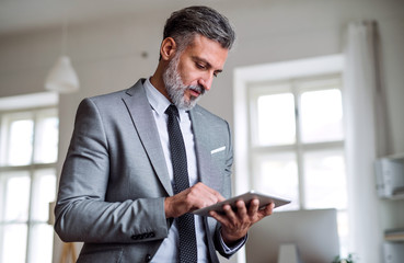 A mature businessman standing in an office, using tablet.