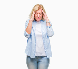 Canvas Print - Middle age blonde woman over isolated background with hand on head for pain in head because stress. Suffering migraine.