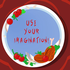 Fototapete - Conceptual hand writing showing Use Your Imagination. Business photo showcasing using ability to form mental pictures of ideas Hand Drawn Lamb Chops Herb Spice Cherry Tomatoes on Plate