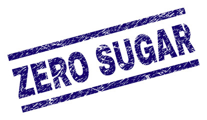 Sticker - ZERO SUGAR seal print with distress style. Blue vector rubber print of ZERO SUGAR tag with corroded texture. Text title is placed between parallel lines.