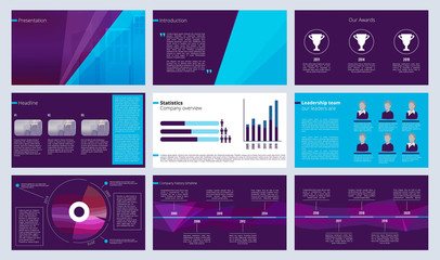 Canvas Print - Slideshow template. Business magazine pages or annual report designs with colored abstract shapes and text vector. Illustration of leaflet project, slide template information