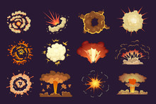 Bomb Explosion. Motion Abstract Blast Fire And Clouds Exploded Vector Cartoon Collection. Set Of Explosion Illustration Effect