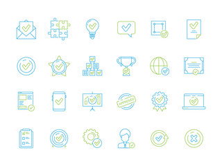 Poster - Legal approved documents icons. Warranty certified approve official signature doc vector thin line symbols. Illustration of signature project, digital mark approve