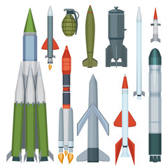 Wall Mural - Missile collection. Defense flight armour military weapons vector cartoon set. Illustration of military weapon, rocket nuclear