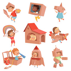 Canvas Print - Kids cardboard costumes. Children playing in active games with paper box making house car and airplane vector characters. Cardboard box costume, robot and helmet illustration