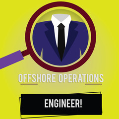 Poster - Handwriting text Offshore Operations Engineer. Concept meaning Supervising oil and gas operations in the rig Magnifying Glass photo Enlarging Inspecting a Tuxedo and Label Tag Below