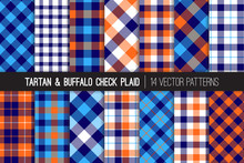 Navy, Blue, White And Orange Tartan And Buffalo Check Plaid Vector Patterns. Hipster Lumberjack Flannel Shirt Fabric Textures. Summer Men's Fashion.Pattern Tile Swatches Included.