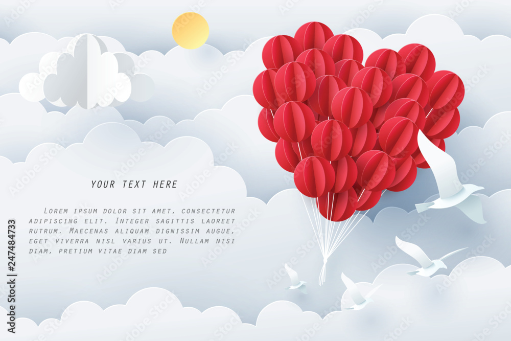 Paper art of group of red balloons combine to heart shape with copy ...