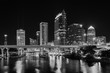 The skyline and bridges over the Hillsborough River at night in Tampa, Florida.