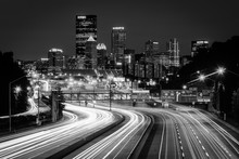 The Pittsburgh Skyline And I-279 At Night, In Pittsburgh, Pennsylvania.
