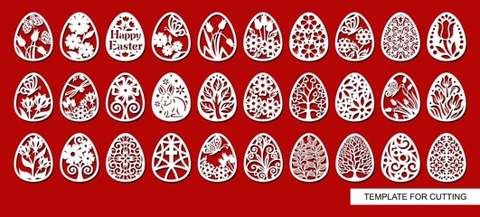 big set of decorative elements - easter eggs with floral ornament. white objects on red background. 