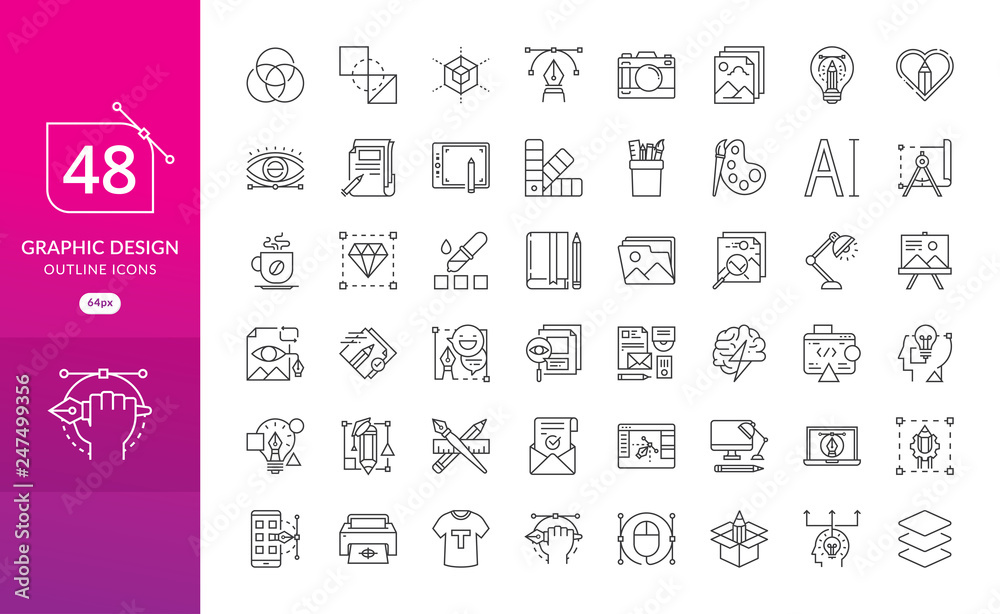 Set of thin line icons of graphic design. Simple linear icons in a modern style flat, Creative Process. Graphic design, creative package, stationary, software and more - obrazy, fototapety, plakaty 