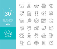 Vector Dental Medicine Thin Line Icons. Modern Thin Line Icons Of Dental Care And Dentist Services. Dental Care Equipment, Braces, Tooth Prosthesis, Veneers, Floss, Caries Treatment And More