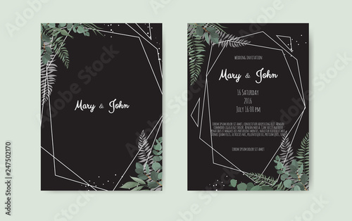 Botanical wedding invitation card template design, white and pink flowers on ...