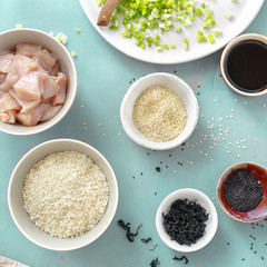 Poster - Raw Ingredients cooking poke bowl chicken meat top view