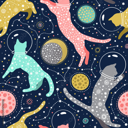 Cotton fabric Cosmic seamless pattern with cats astronauts in helmets floating in space
