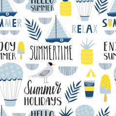 Seamless summer pattern with boat, pineapple and gull. Summertime lettering. Design for camp and adventure.