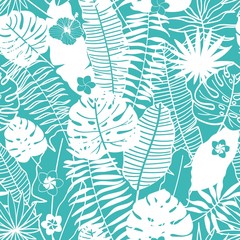 Wall Mural - Seamless vector pattern. Background of tropical plants and flowers