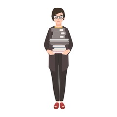 Aufkleber - Unhappy female clerk, employee or businesswoman holding stack of folders and documents. Sad, tired or exhausted woman at office. Stressful job, stress at work. Flat cartoon vector illustration.