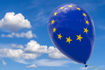 Balloon with the image of the flag of the European Union, flying against the blue sky.